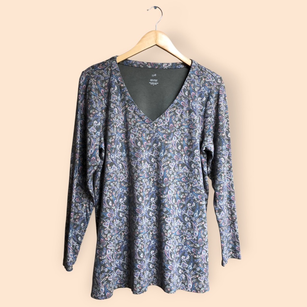 J.Jill Paisley Patterned Simply Supima Side Slit Tunic Top V-Neck Shirt Women M